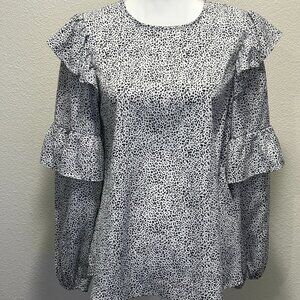 Vine & Love black and white cheetah print blouse, ruffled sleeves, small